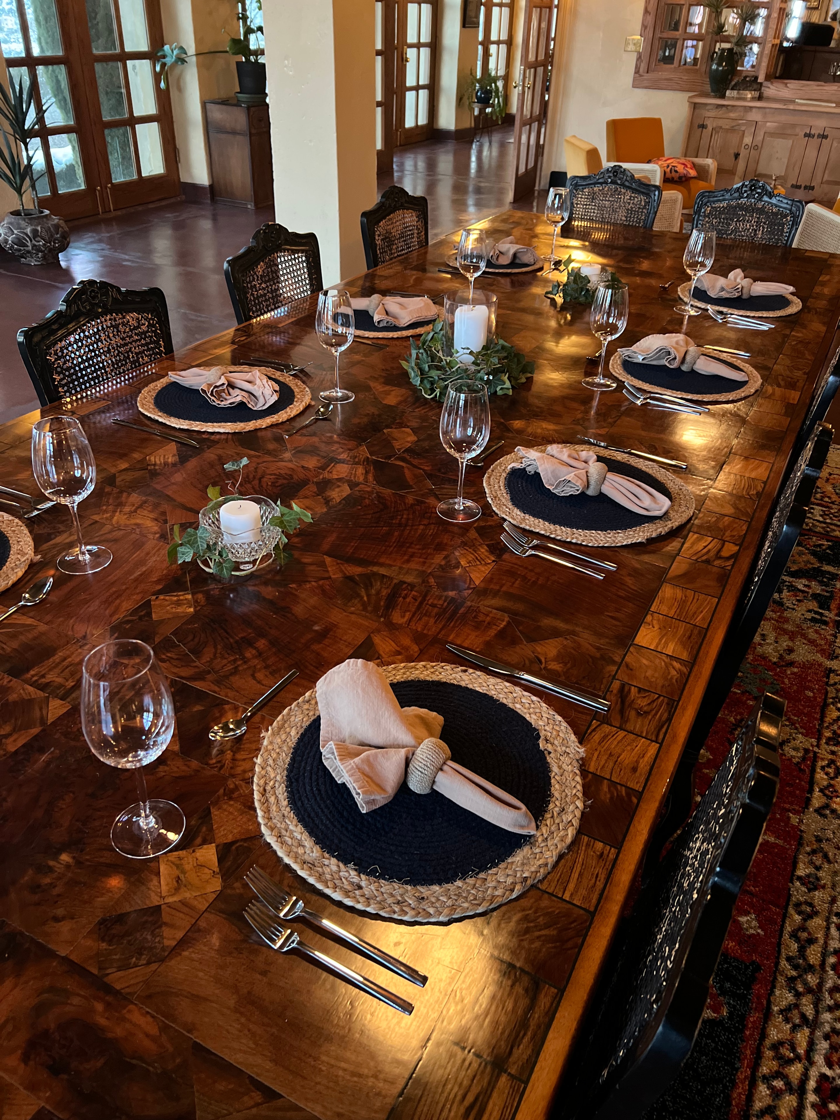 Formal dining table elegantly set for dinner