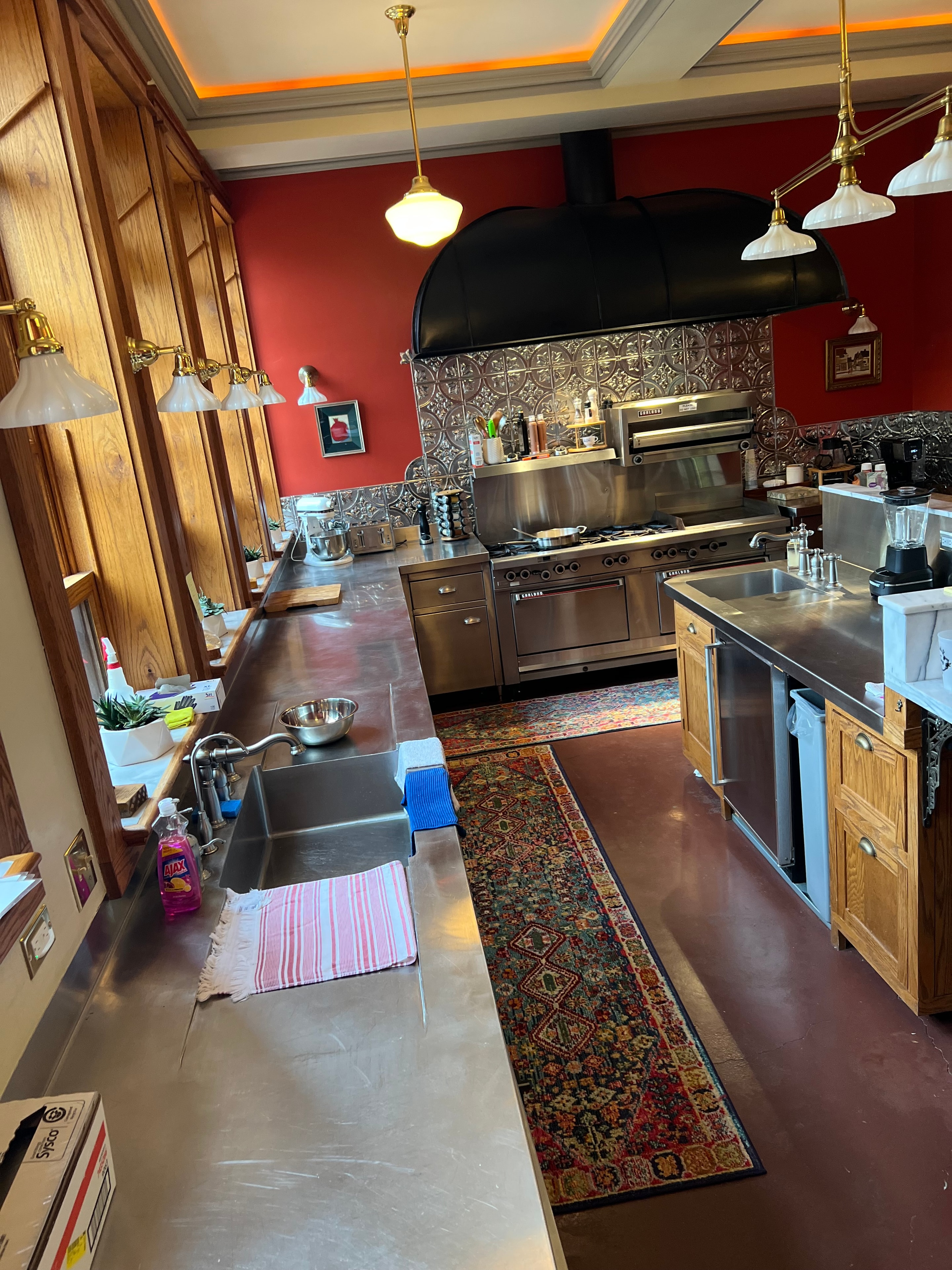Modern kitchen red walls stainless steel